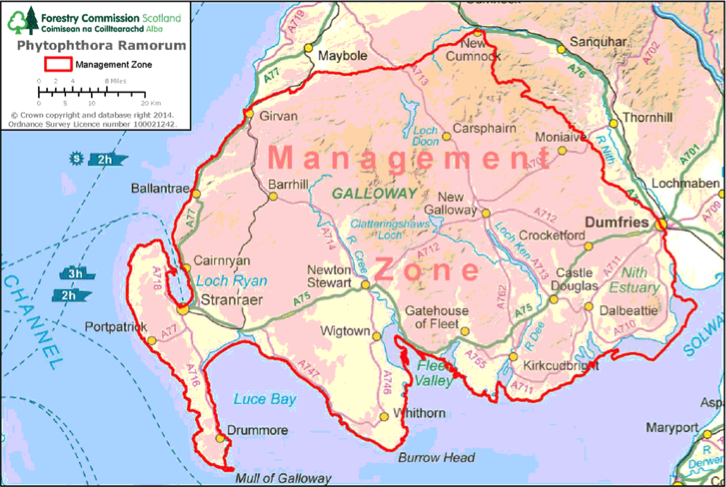 map showing phytophthora ramorum management zone